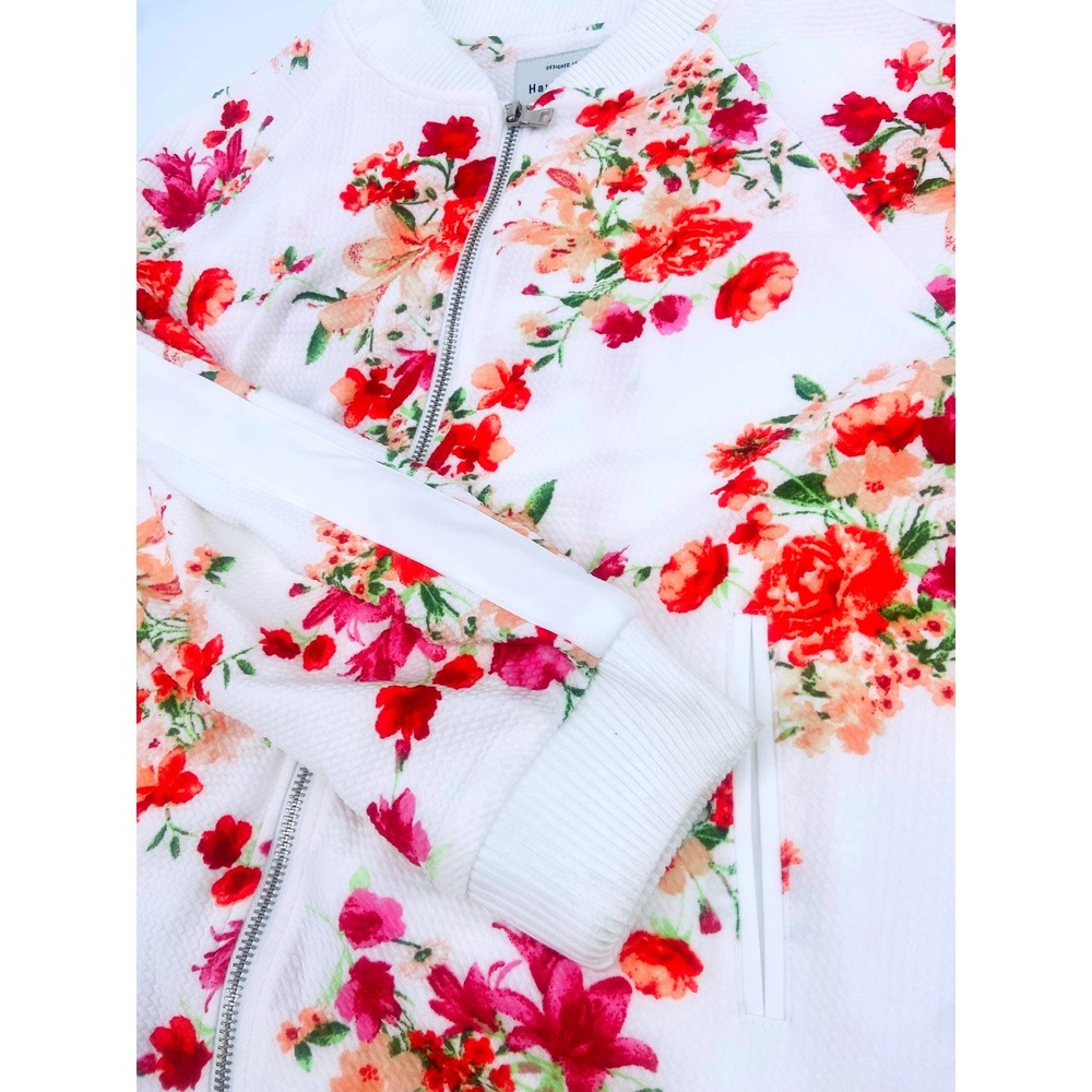 Haute Monde Floral Bomber Jacket Womens Large White Red Pink Textured Zip Up